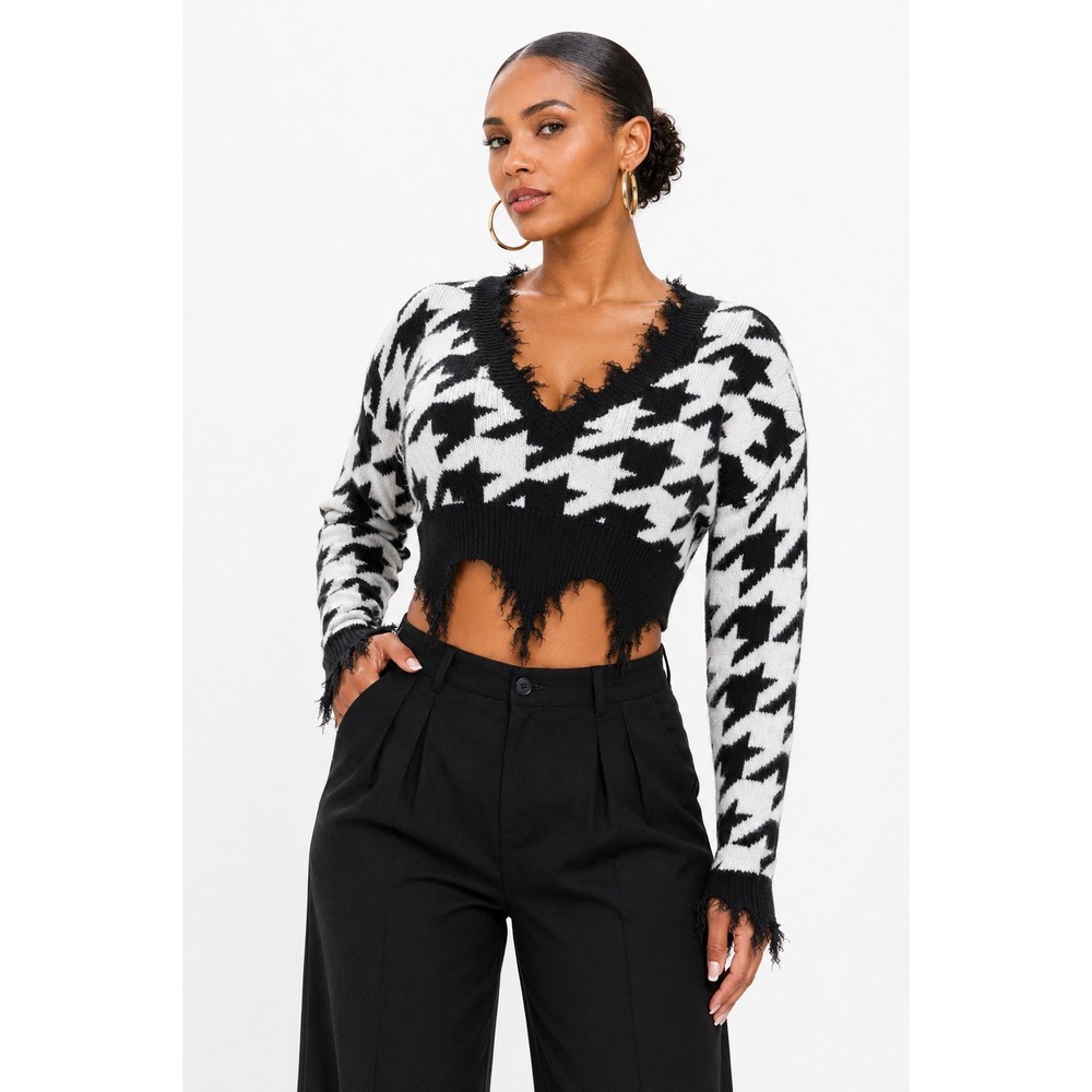 Just Polly New York Womens L Black White Houndstooth Distressed Crop Sweater